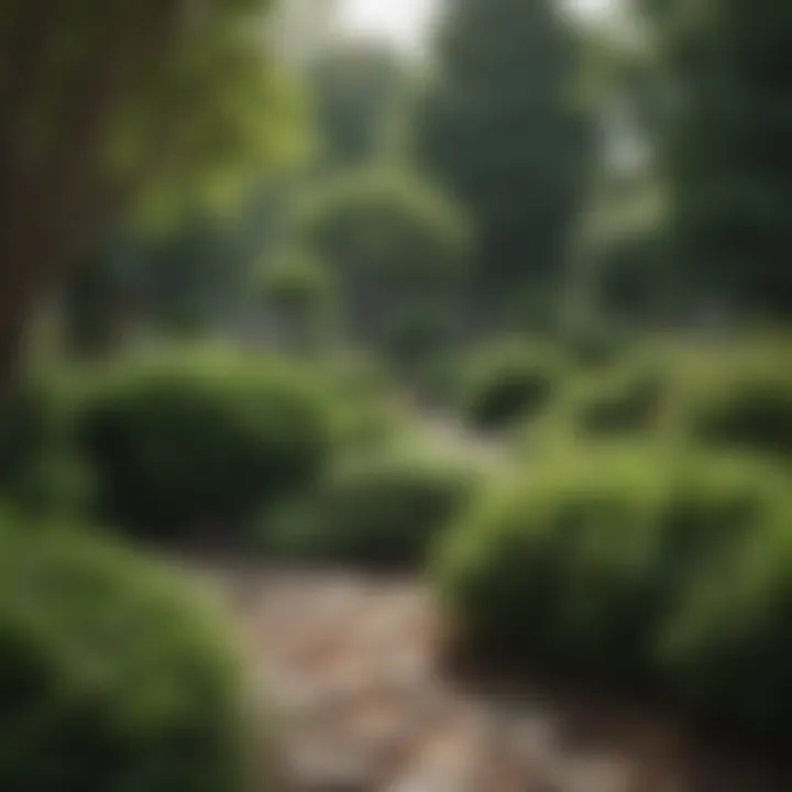 A beautifully landscaped yard featuring various evergreen shrub species.