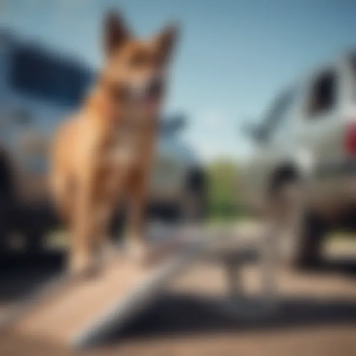 Large breed dog using a ramp to enter a car