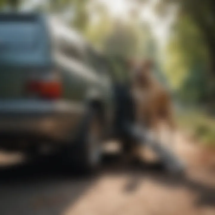 Owner assisting dog up a ramp to a car