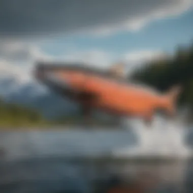 A vibrant king salmon leaping out of the water, showcasing its strength.