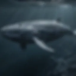 A majestic blue whale swimming gracefully in deep ocean waters, showcasing its massive size.