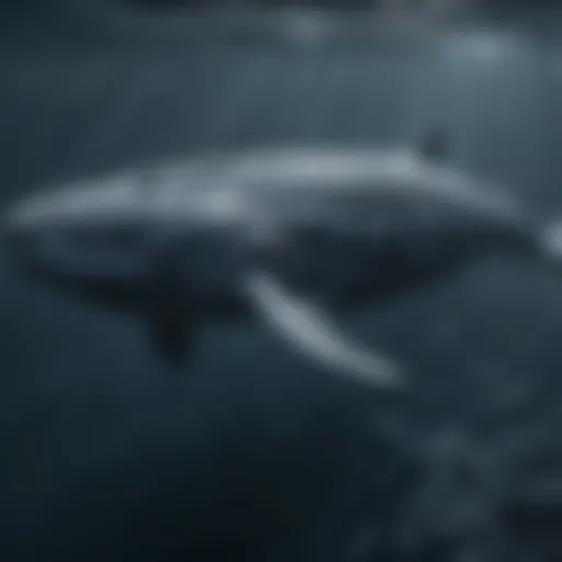 A majestic blue whale swimming gracefully in deep ocean waters, showcasing its massive size.
