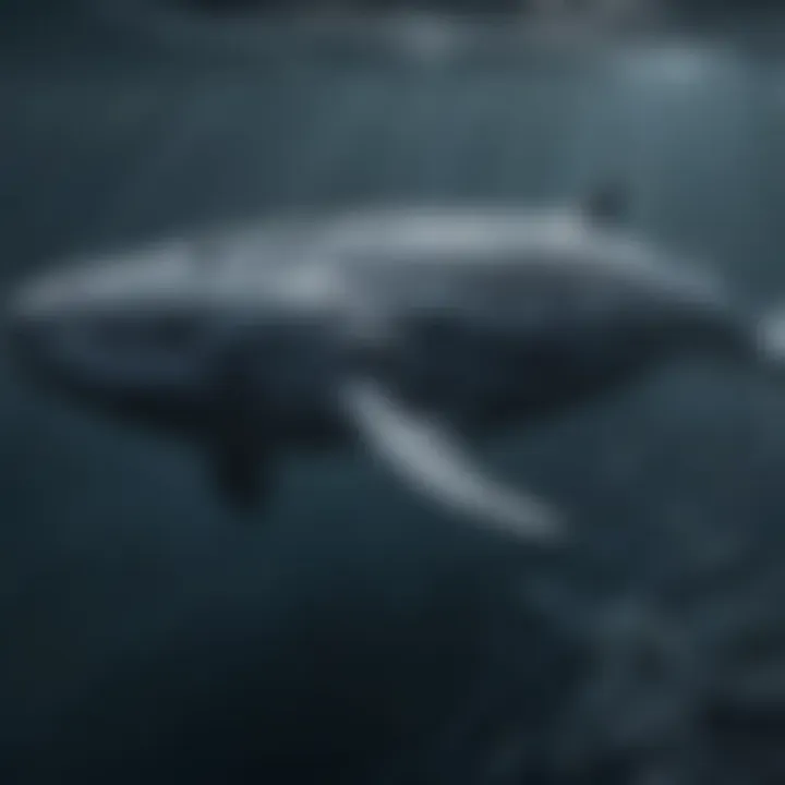 A majestic blue whale swimming gracefully in deep ocean waters, showcasing its massive size.