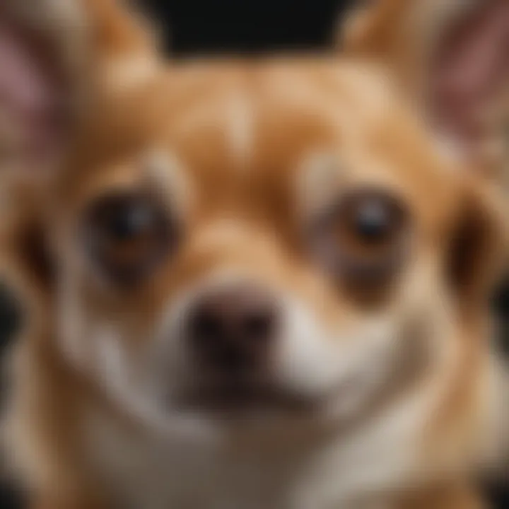Close-up of a long-haired deer head Chihuahua's distinct facial structure.