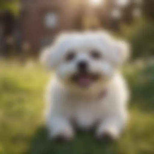 A cheerful Maltese dog playing in the grass