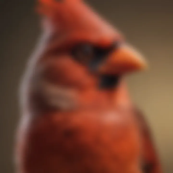 A close-up view of a cardinal bird's distinct features, highlighting its sharp beak and expressive eyes.