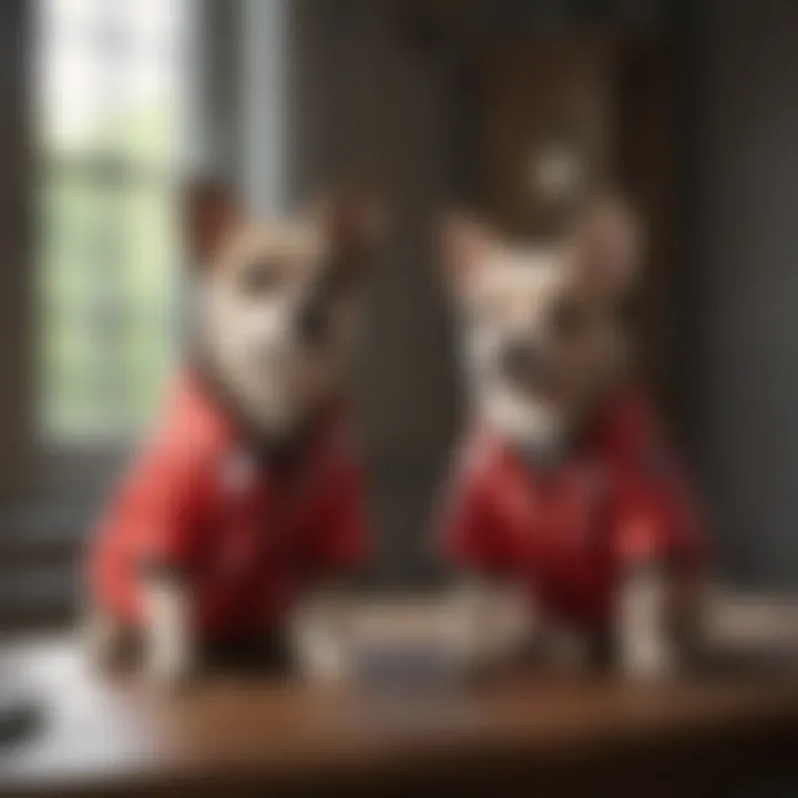 Different styles of anxious dog jackets displayed on a table.