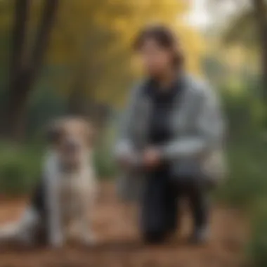 A dog trainer working with an anxious dog for behavioral improvement.