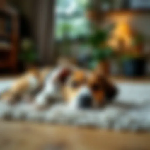 A serene indoor environment featuring a low-maintenance pet peacefully resting on a plush rug