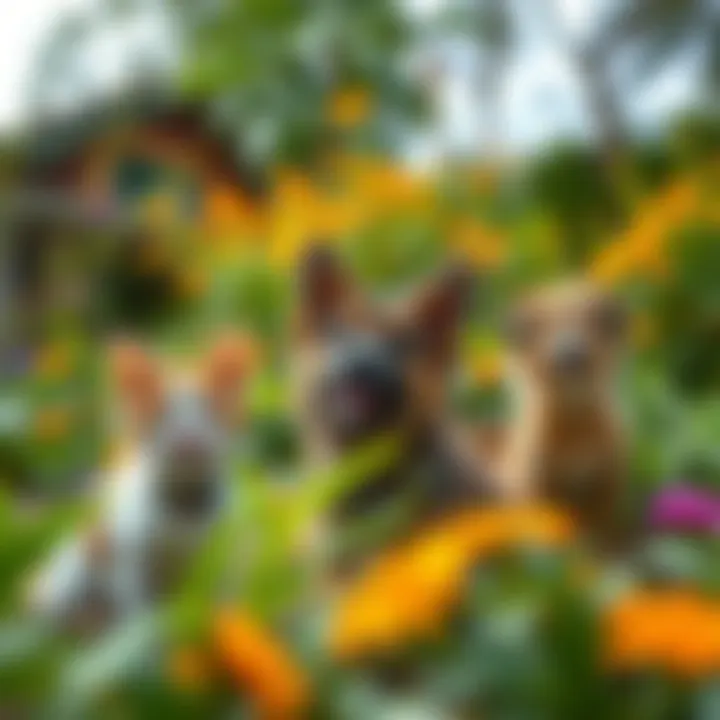 A vibrant garden scene showcasing various easy-care pets thriving in natural surroundings