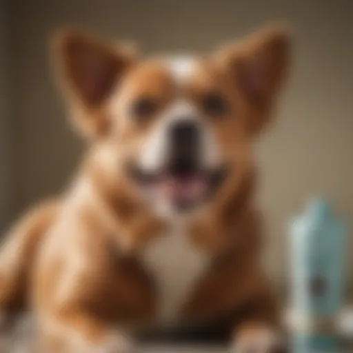 A jar of no brush dog toothpaste beside a happy dog