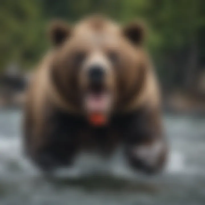 Close-up of a bear catching a salmon in mid-air