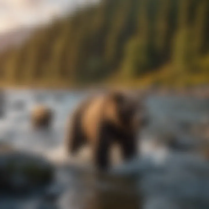 A panoramic view of bears hunting in a river during sunset