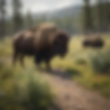 Bison roaming through a lush landscape in summer