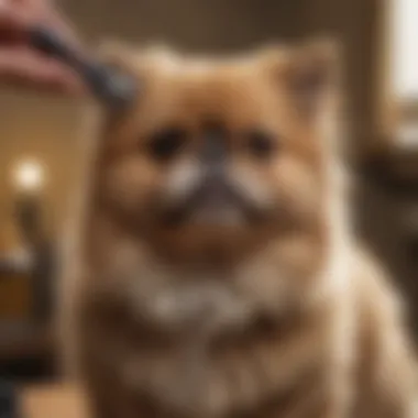 A pet being groomed with a shedding comb, highlighting the process of effective grooming.