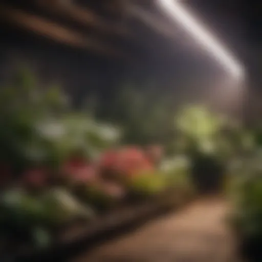 Close-up of LED grow lights illuminating a vibrant indoor garden