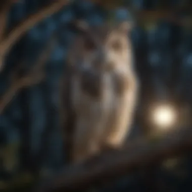 A majestic owl perched silently on a tree branch under the moonlight