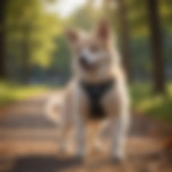 Dog wearing Pawaboo harness during a walk in the park