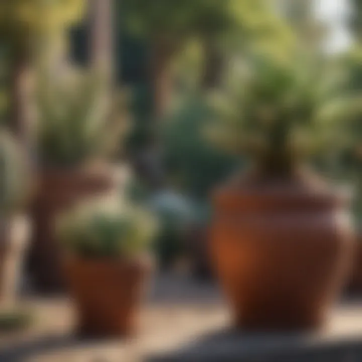 An outdoor garden showcasing the arrangement of potted cacti