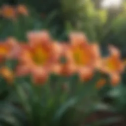 Vibrant daylily blooms in a garden setting