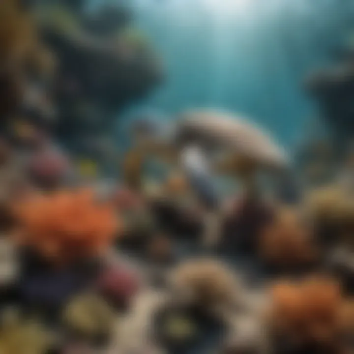 A vibrant coral reef teeming with various marine life.