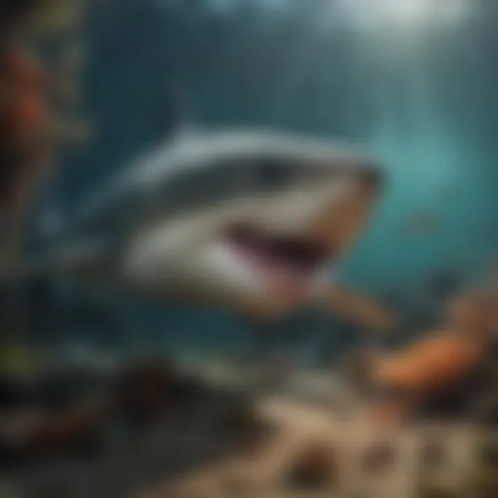 A predatory shark lurking in a vibrant marine environment.