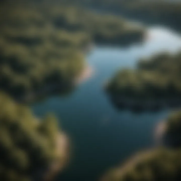 An aerial view of a sprawling reservoir, showcasing prime fishing zones