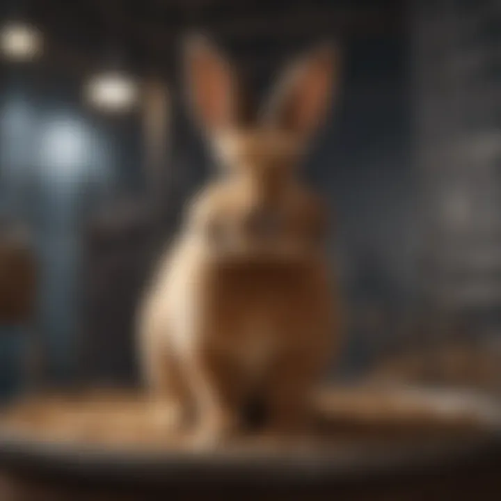 Rabbit exploring its multi-level cage with various activities