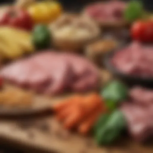 A close-up of raw dog food ingredients spread on a wooden table, highlighting the contrast between fresh produce and meat.