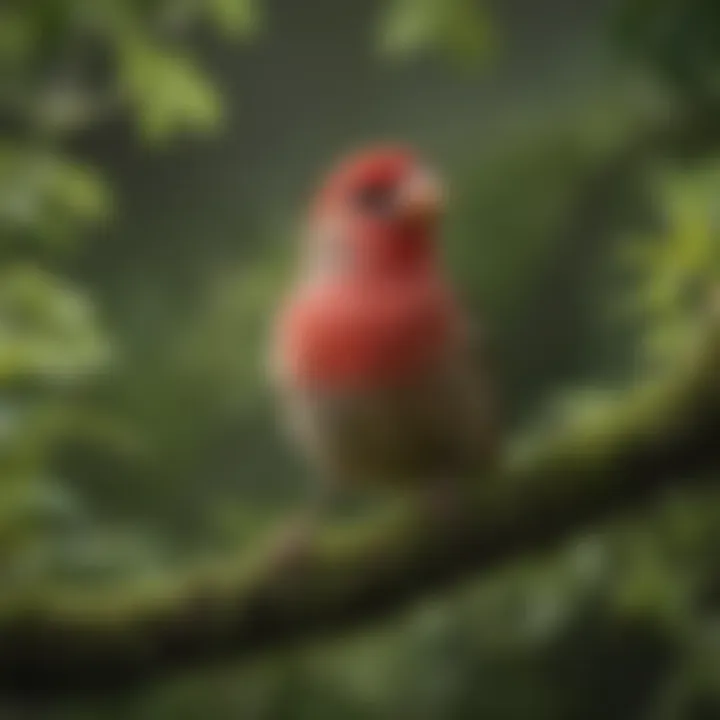 A red finch in its natural habitat, surrounded by lush greenery.