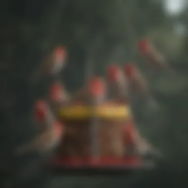 A group of red finches gathered on a feeder, illustrating social behavior.