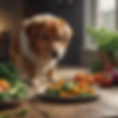 A dog curiously sniffing a plate of assorted vegetables