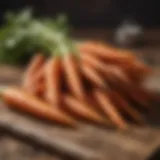 Fresh carrots piled high on a rustic wooden surface