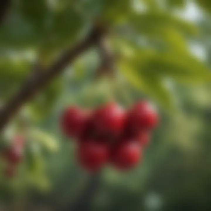 Close-up view of ripe Satonishiki cherries on the tree