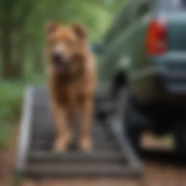 A large breed dog confidently navigating SUV stairs