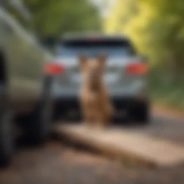 A small dog comfortably using a ramp to enter an SUV