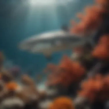 A dramatic scene showcasing a shark swimming through a coral reef, highlighting its role in the ecosystem.