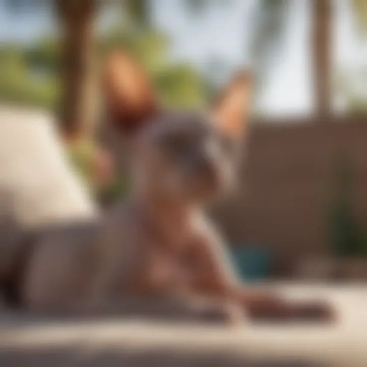 A serene backyard scene in Arizona with a Sphynx cat lounging comfortably under the sun.