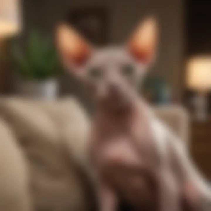 A cozy living room setting featuring a Sphynx cat interacting with its owner, illustrating the importance of socialization.