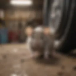 Signs of mouse activity in a garage, including droppings and chew marks.