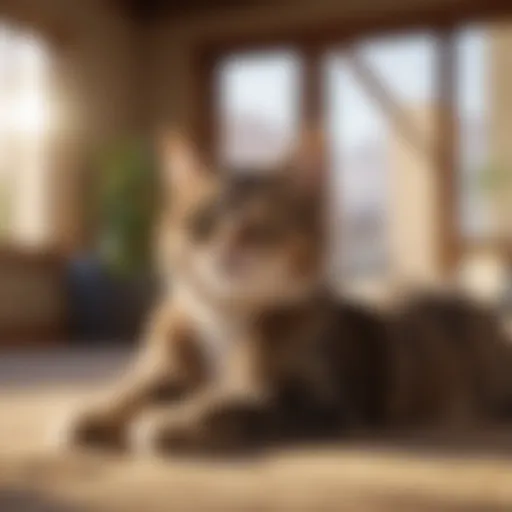 A serene cat lounging in a sunlit room, showcasing calmness.