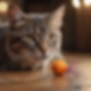 An interactive play session between a cat and its owner using a feather toy.