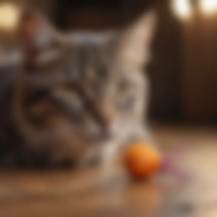 An interactive play session between a cat and its owner using a feather toy.