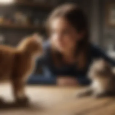 A cat owner observing their pet with a calm demeanor and positive body language.