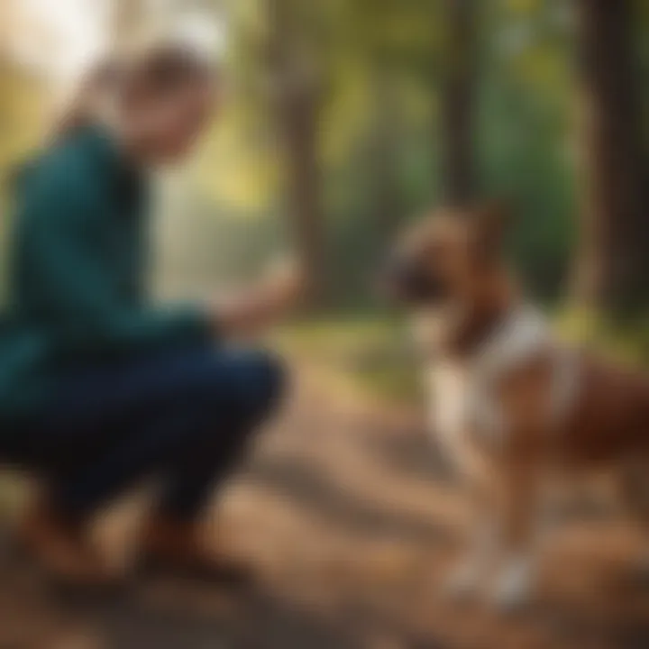 A trainer using positive reinforcement techniques with a dog.