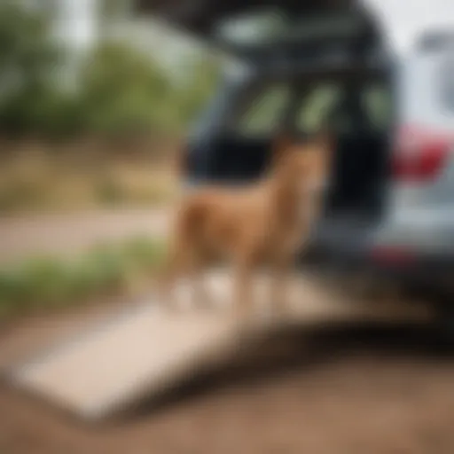 A sturdy dog ramp positioned at the back of a car, showcasing its robust design.