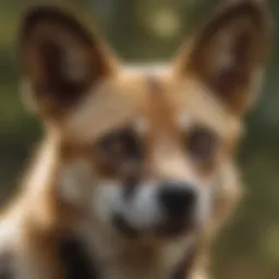 A close-up of an American wild dog in its natural habitat, showcasing its unique fur patterns and expressive features.