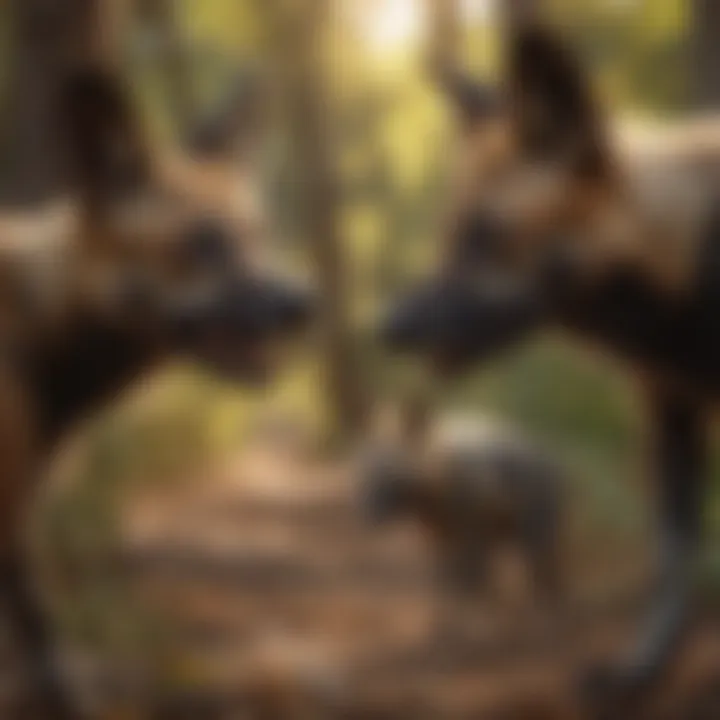 A pack of American wild dogs interacting socially, highlighting their complex behaviors and social structure.