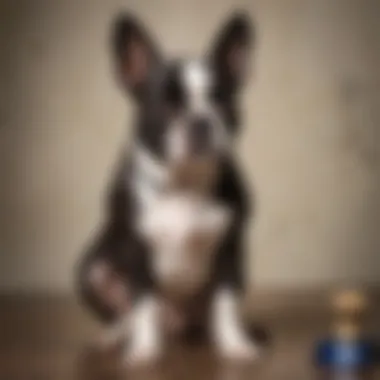 A Boston Terrier being groomed with a slicker brush