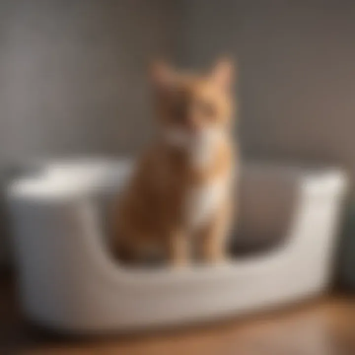 A cat comfortably using a litter box